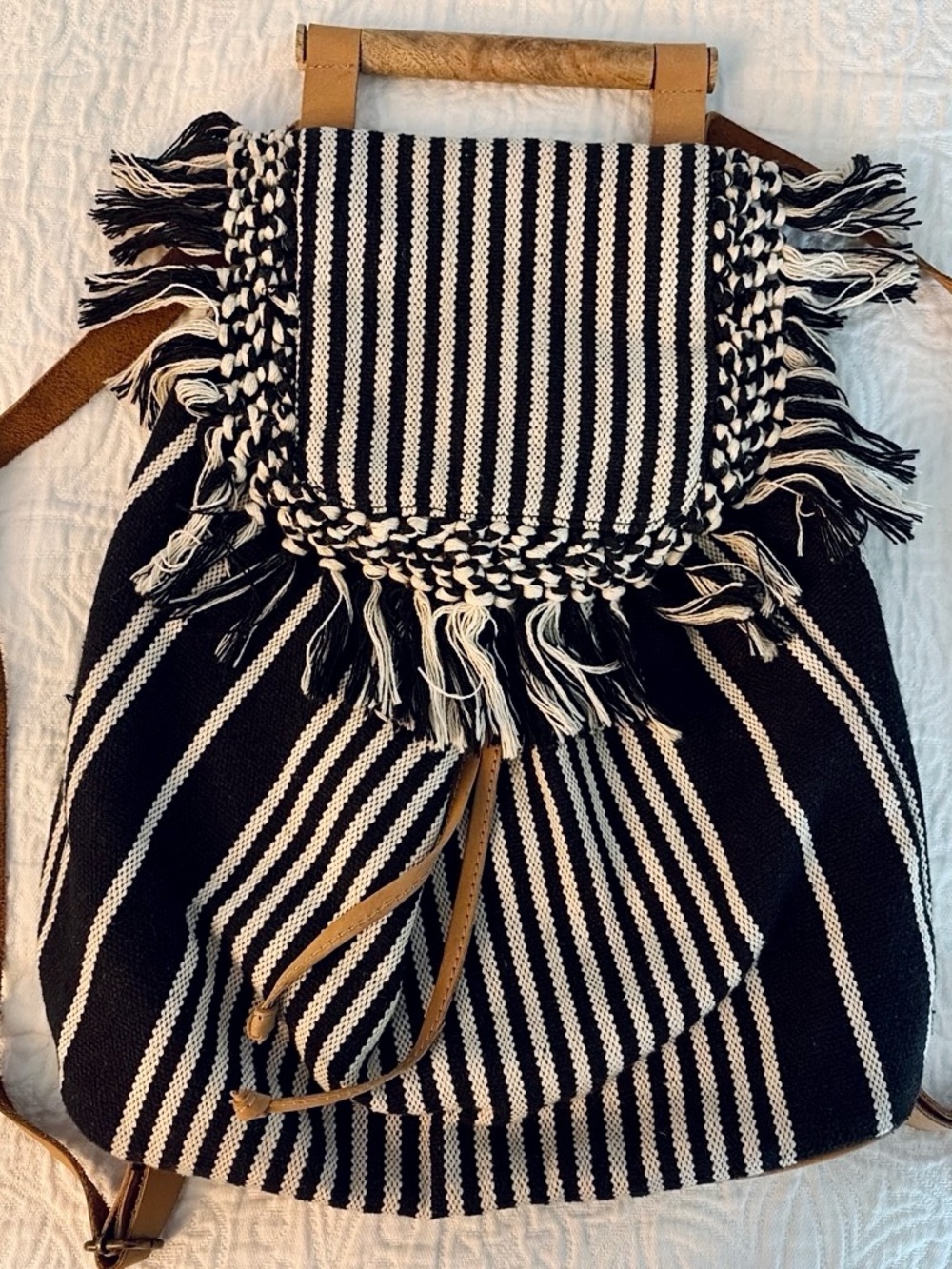 Boho Black & Cream Striped Fringe Backpack